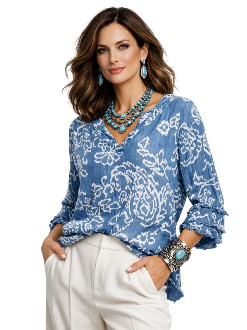 John Mark Blue Chambray Floral Tunic Top Women L Western Cowgirl Southwest